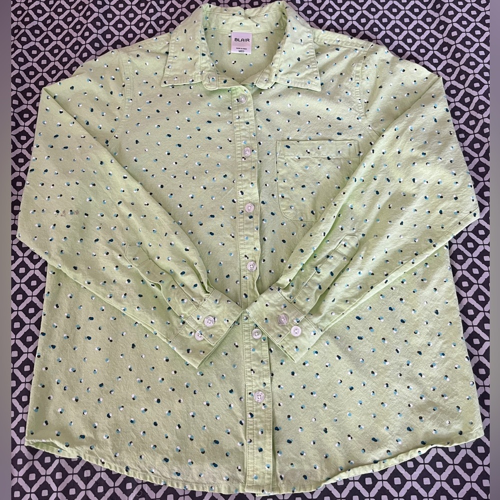 Green Long Sleeve Button Down Blouse with Blue and White Poka Dots
